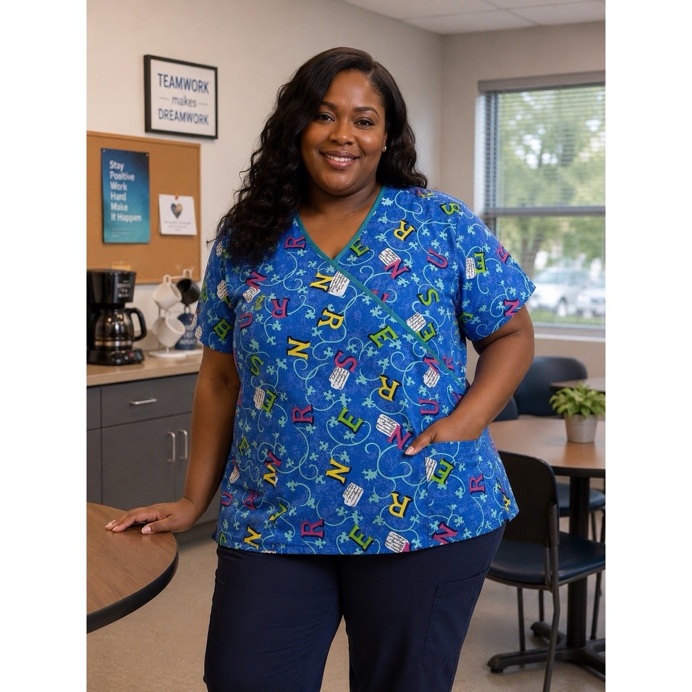 Fashion Scrubs Women's Mock Wrap Scrub Top 3XL Scattered Nurse Letters Plus Size